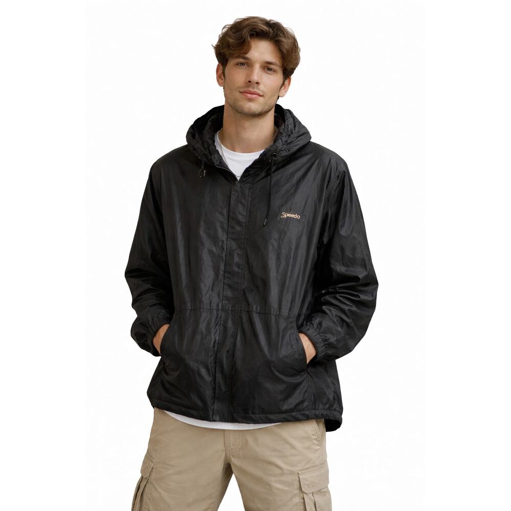 Vintage Speedo Black Windbreaker Jacket Oversized Hooded Streetwear Unisex XXL